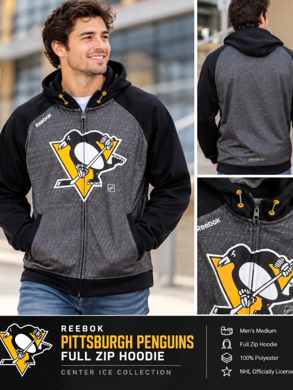 Reebok Pittsburgh Penguins NHL Center Ice Full Zip Hoodie – Men’s M